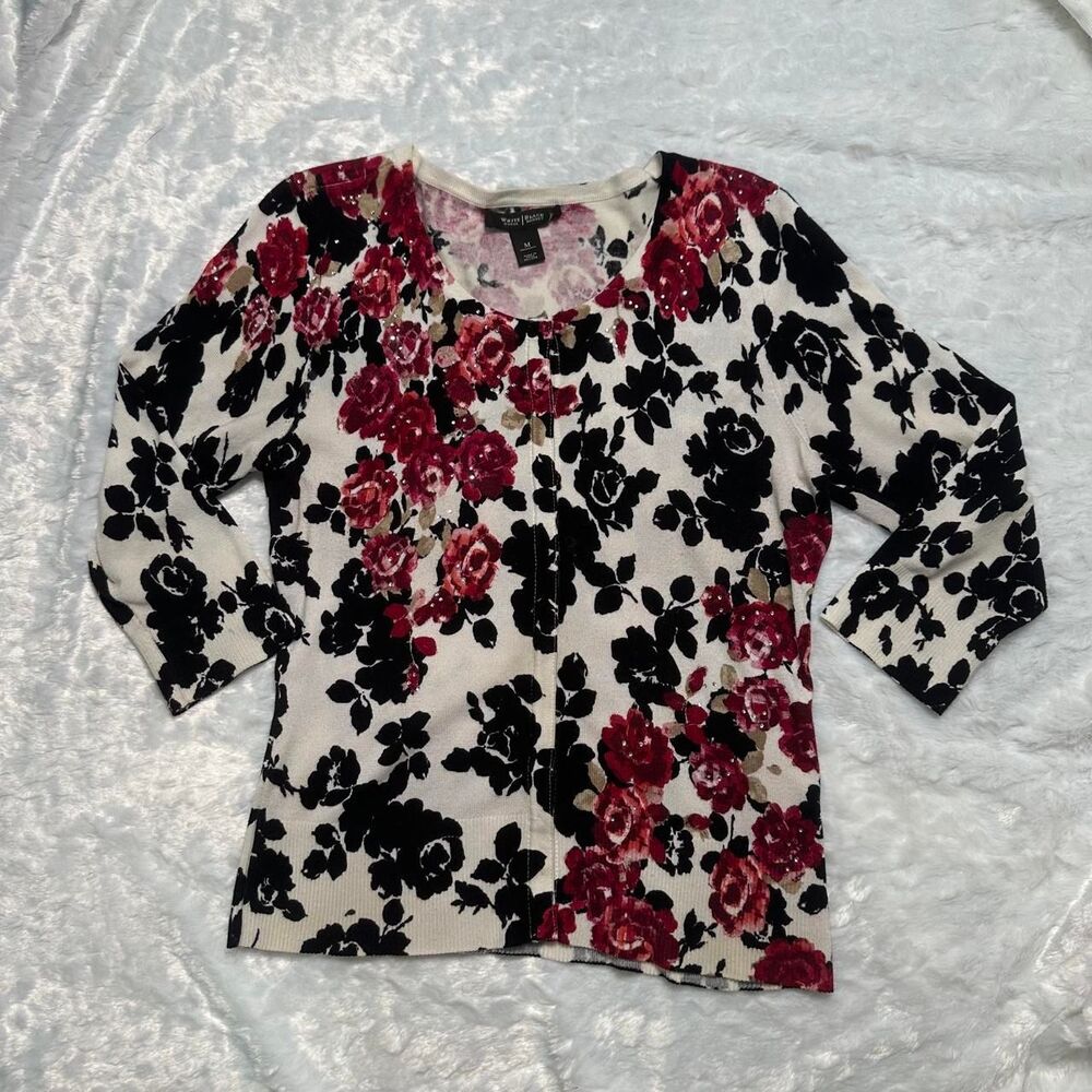 White House Black Market black white pink floral cardigan rhinestones size M